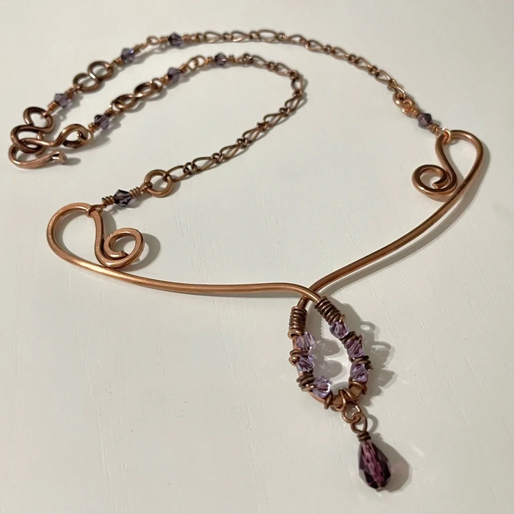 Copper Scroll Necklace Beaded Plum and Lilac‎ Crystals Elegant Rustic Handmade